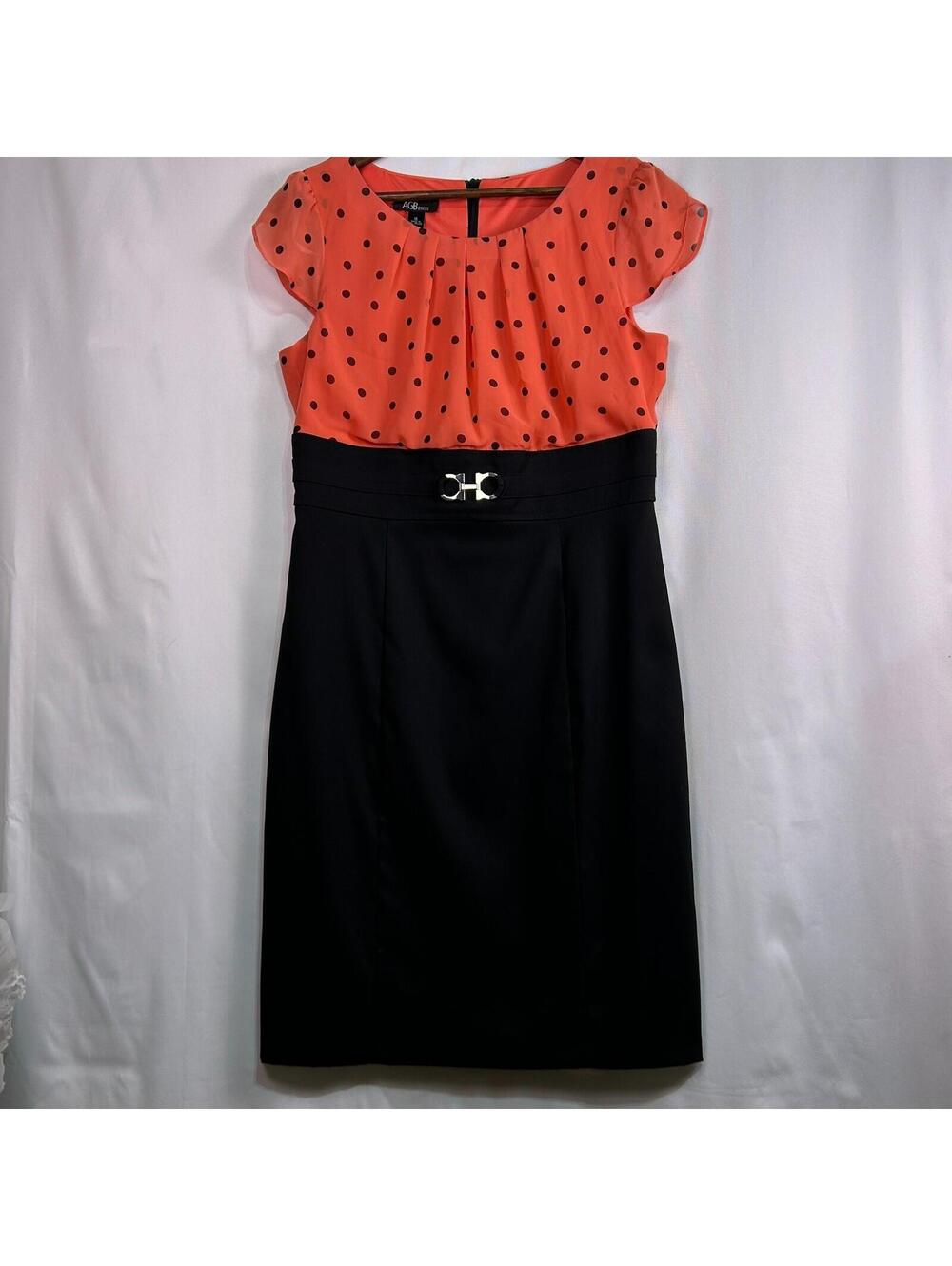 AGB Dress Size 12 Coral Polka Dot Colorblock Sheath Career Office Knee Length